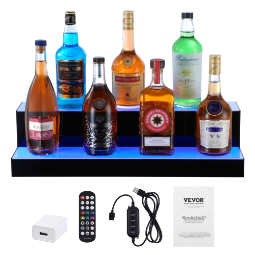 VEVOR 2 Tiers LED Lighted Liquor Bottle Display, 24 Inch Commercial Illuminated Bar Shelf, 2 Steps Acrylic Whiskey Rack Stand, with RF Remote & App