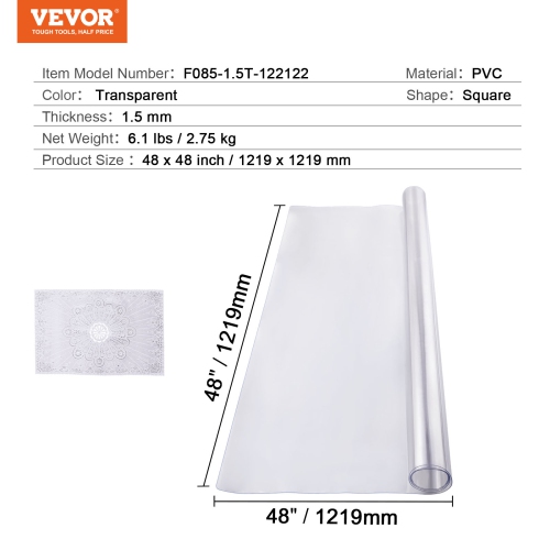 VEVOR 48 x 48 Inch Plastic Table Cover, 1.5 mm Thick Clear Table Protector, Square PVC Desk Mat, Waterproof & Easy Cleaning Desk Pad Tablecloth, for