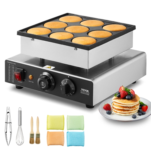 VEVOR 9PCS Dutch Pancake Maker, 76mm Diameter Dorayaki Baker Machine, 850W Commercial Electric Poffertjes Grill, Non-stick Stainless Steel, Temp &