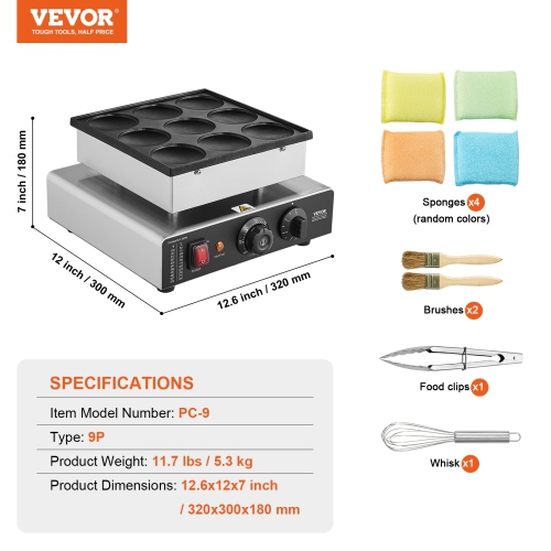 VEVOR 9PCS Dutch Pancake Maker, 76mm Diameter Dorayaki Baker Machine, 850W Commercial Electric Poffertjes Grill, Non-stick Stainless Steel, Temp &