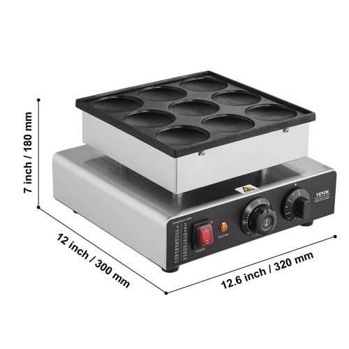VEVOR 9PCS Dutch Pancake Maker, 76mm Diameter Dorayaki Baker Machine, 850W Commercial Electric Poffertjes Grill, Non-stick Stainless Steel, Temp &