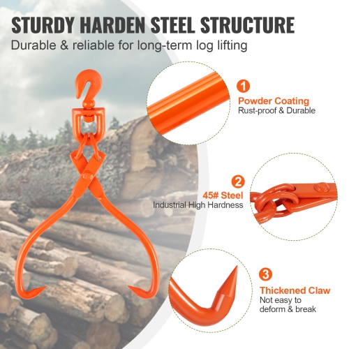 VEVOR 18 inch Log Skidding Tongs, 2 Claw Log Lifting Tongs, Heavy Duty Rotating Steel Lumber Skidding Tongs, 772 lbs/350 kg Loading Capacity, Log