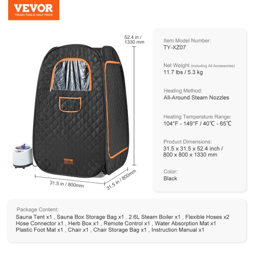 VEVOR Compact Portable Steam Sauna Tent, 1200 Watt Sauna Blanket with Chair & Storage Bag, Home Therapeutic Sauna Tent , Time & Temperature Remote