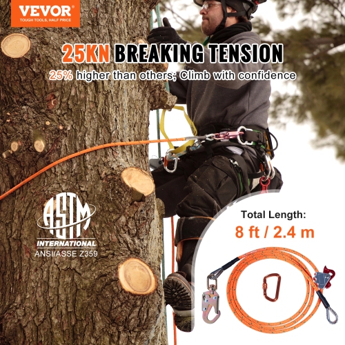VEVOR 1/2" x 8' Steel Core flipline, Arborist Flipline, Flip Line for Tree Climbing with Alloy Steel Snap Hook, Aluminum Alloy Carabiner and Extra