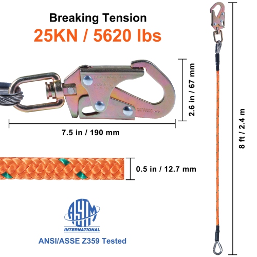 VEVOR 1/2" x 8' Steel Core flipline, Arborist Flipline, Flip Line for Tree Climbing with Alloy Steel Snap Hook, Aluminum Alloy Carabiner and Extra