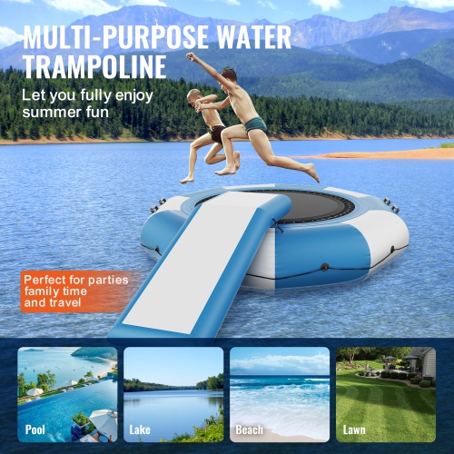 VEVOR 10ft Inflatable Water Bouncer, Recreational Water Trampoline, Portable Bounce Swim Platform with Slide, 3-Step Ladder & Electric Air Pump, Kid