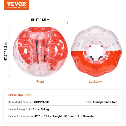 VEVOR 5FT/1.5M Inflatable Bumper Ball 1-Pack, Body Sumo Zorb Balls for Teen & Adult, 0.8mm Thick PVC Human Hamster Bubble Balls for Outdoor Team