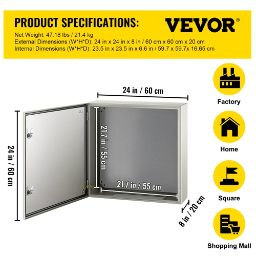VEVOR 24x24x8'' NEMA Steel Case, NEMA 4X Metal Electric Enclosure, IP66 Water & Dust Resistant, Suitable for Both Outdoor & Indoor Use, Includes