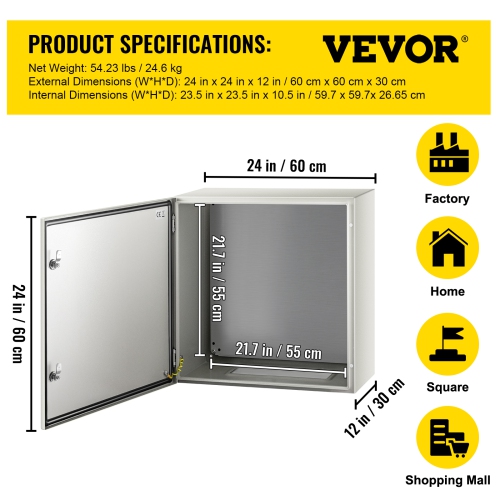 VEVOR 24x24x12'' NEMA Metal Case, NEMA 4X Metal Electric Enclosure, IP66 Water & Dust Resistant, Suitable for Both Outdoor & Indoor Use, Includes