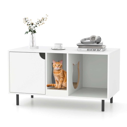 Costway 40" Hidden Cat Washroom with Storage Removable Scratcher Metal Legs for Large Cats Gray/White