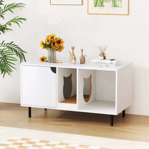 Costway 40" Hidden Cat Washroom with Storage Removable Scratcher Metal Legs for Large Cats Gray/White