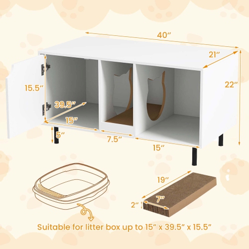 Costway 40" Hidden Cat Washroom with Storage Removable Scratcher Metal Legs for Large Cats Gray/White