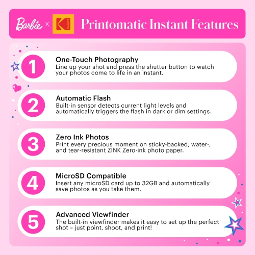 Barbie x Kodak Printomatic 2x3” Instant Print Camera, 5MP Portable Instant Camera - Signature Style