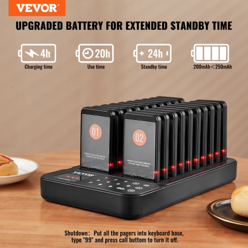 VEVOR Restaurant Pager System, Wireless 400m Long Range Lineup Waiting Queue Signal, Guest Customer Calling Beepers with Vibration & Flashing, 20