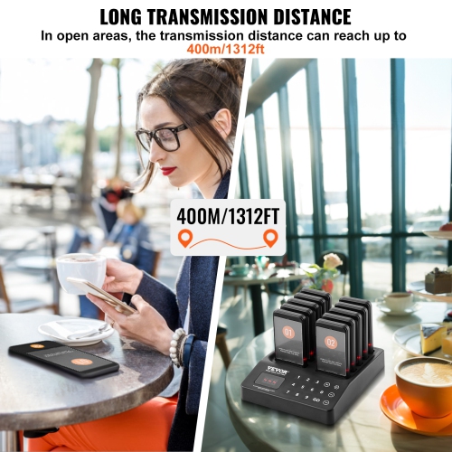 VEVOR Restaurant Pager System, Wireless 400m Long Range Lineup Waiting Queue Signal, Guest Customer Calling Beepers with Vibration & Flashing, 20