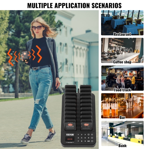 VEVOR Restaurant Pager System, Wireless 400m Long Range Lineup Waiting Queue Signal, Guest Customer Calling Beepers with Vibration & Flashing, 20