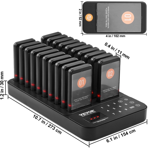 VEVOR Restaurant Pager System, Wireless 400m Long Range Lineup Waiting Queue Signal, Guest Customer Calling Beepers with Vibration & Flashing, 20