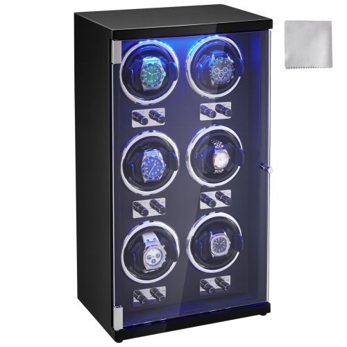 VEVOR Watch Winder, Watch Winder for 6 Automatic Watches, with 6 Super Quiet Japanese Mabuchi Motors, Blue LED Light and Adapter, High-Density Board