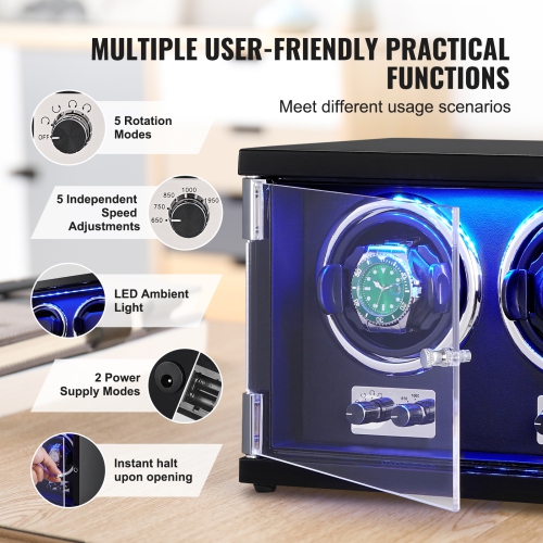 VEVOR Watch Winder, Dual Watch Winder for Automatic Watch, with 2 Super Quiet Japanese Mabuchi Motors, Blue LED Light and Adapter, High-Density Board