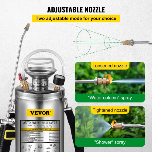 VEVOR 1.5Gal Stainless Steel Sprayer, Set with 16 Wand& Handle& 3.3FT Reinforced Hose, Hand Pump Sprayer with Pressure Gauge&Safety Valve, Adjustable