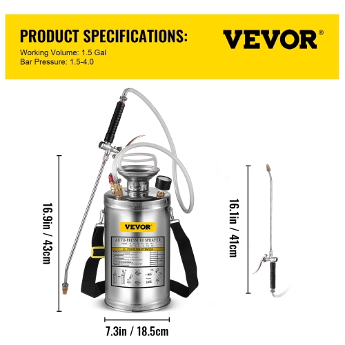VEVOR 1.5Gal Stainless Steel Sprayer, Set with 16 Wand& Handle& 3.3FT Reinforced Hose, Hand Pump Sprayer with Pressure Gauge&Safety Valve, Adjustable