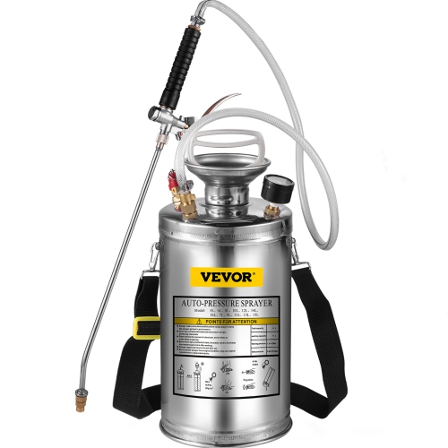 VEVOR 1.5Gal Stainless Steel Sprayer, Set with 16 Wand& Handle& 3.3FT Reinforced Hose, Hand Pump Sprayer with Pressure Gauge&Safety Valve, Adjustable