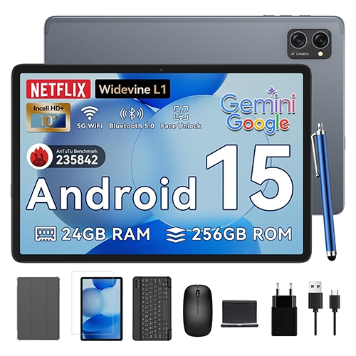 Tablette 2025 Dernières tablettes Android 15 avec écran interne de 10,1 pouces, 24&nbsp;Go RAM 256&nbsp;Go ROM /2&nbsp;To TF, Gemini AI, T606
