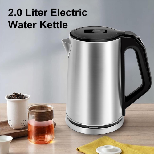 2L Fast Boiling Electric Kettle - 304 Stainless Steel, Double-layer Anti-scalding, Automatic Shutoff and 360° Swivel Base, Brushed Metal Finish