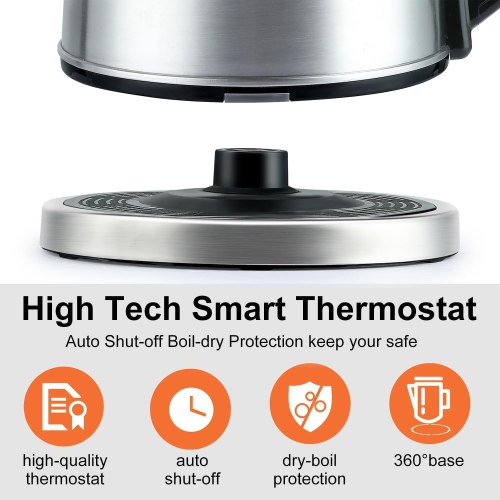 2L Fast Boiling Electric Kettle - 304 Stainless Steel, Double-layer Anti-scalding, Automatic Shutoff and 360° Swivel Base, Brushed Metal Finish