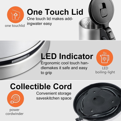 2L Fast Boiling Electric Kettle - 304 Stainless Steel, Double-layer Anti-scalding, Automatic Shutoff and 360° Swivel Base, Brushed Metal Finish