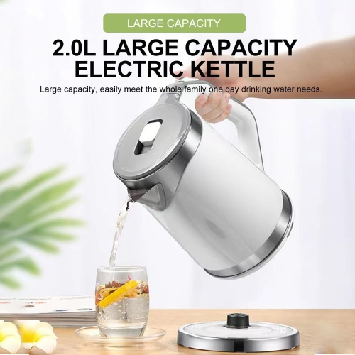 2L Fast Boiling Electric Kettle - 304 Stainless Steel, Double-layer Anti-scalding, Automatic Shutoff and 360° Swivel Base, Brushed Metal Finish