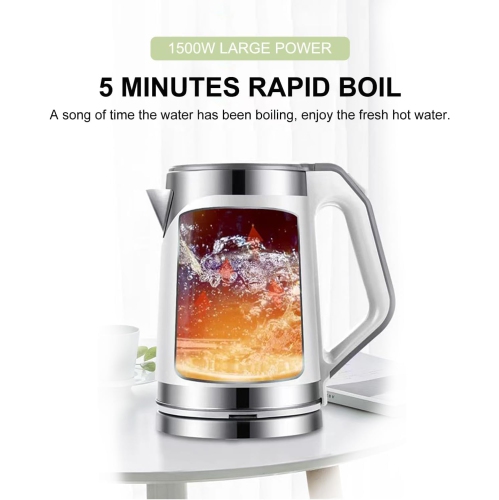 2L Fast Boiling Electric Kettle - 304 Stainless Steel, Double-layer Anti-scalding, Automatic Shutoff and 360° Swivel Base, Brushed Metal Finish