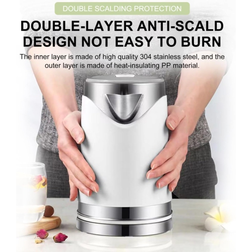 2L Fast Boiling Electric Kettle - 304 Stainless Steel, Double-layer Anti-scalding, Automatic Shutoff and 360° Swivel Base, Brushed Metal Finish