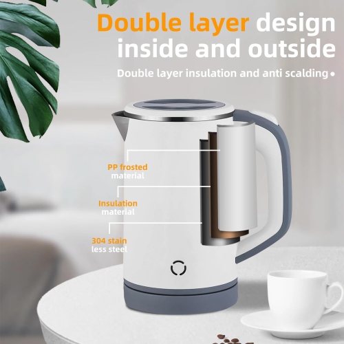 Portable 0.8L Mini Electric Kettle – Stainless Steel, Double-Wall Insulation, BPA-Free & Anti-Dry Boil for Travel, Office & Home White