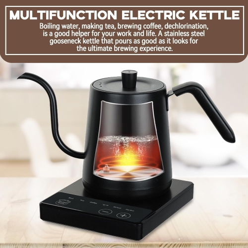 Black Compact Electric Gooseneck Kettle - 0.8L, 1000W Fast Boil, Precise Temp Control, Ideal for Pour-Over Coffee & Tea