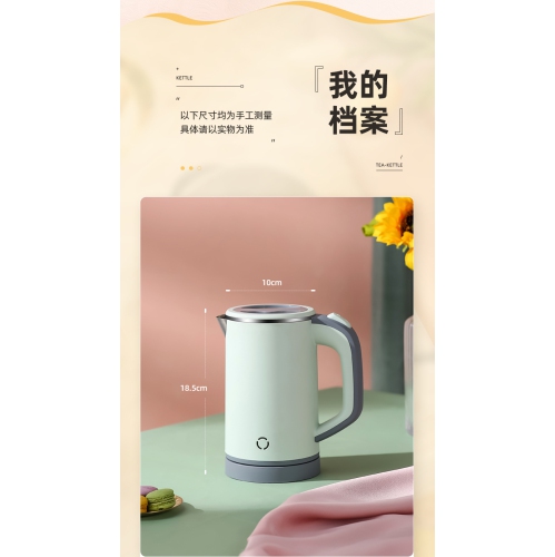 Portable 0.8L Mini Electric Kettle – Stainless Steel, Double-Wall Insulation, BPA-Free & Anti-Dry Boil for Travel, Office & Home Green