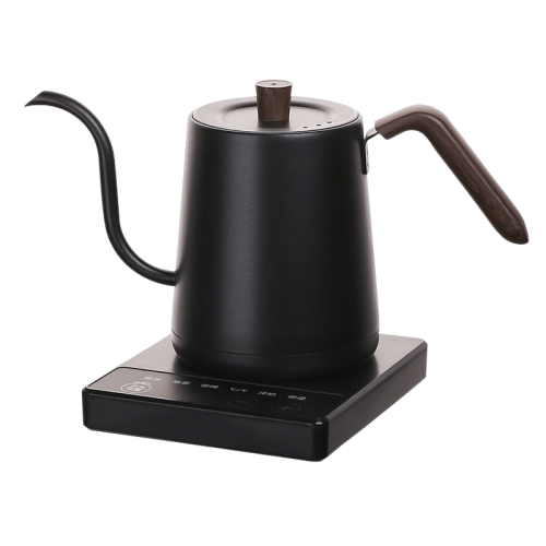Black Wood Grain Compact Electric Gooseneck Kettle - 0.8L, 1000W Fast Boil, Precise Temp Control, Ideal for Pour-Over Coffee & Tea