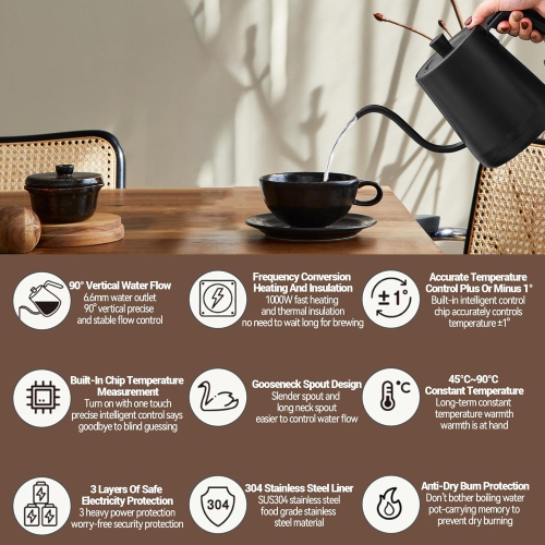 Black Wood Grain Compact Electric Gooseneck Kettle - 0.8L, 1000W Fast Boil, Precise Temp Control, Ideal for Pour-Over Coffee & Tea