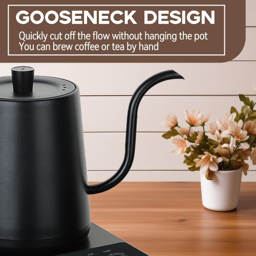 Black Wood Grain Compact Electric Gooseneck Kettle - 0.8L, 1000W Fast Boil, Precise Temp Control, Ideal for Pour-Over Coffee & Tea