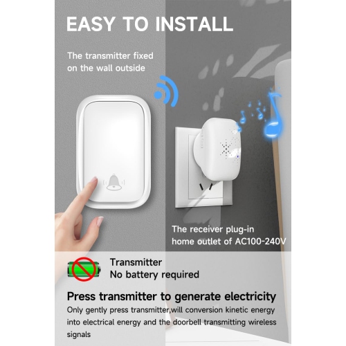 Home Self-Powered Wireless Doorbell, No Batteries Required, Waterproof, for Homes, Classrooms and Businesses - Black