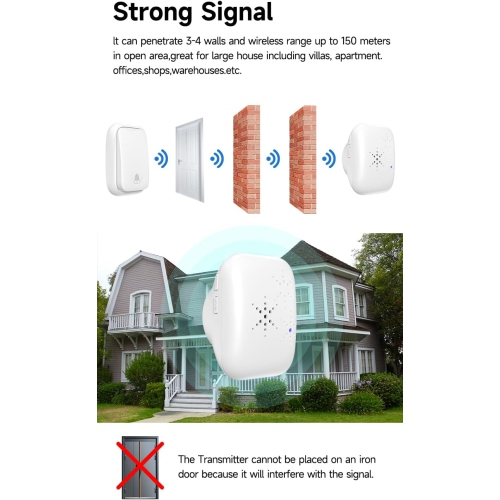 Home Self-Powered Wireless Doorbell, No Batteries Required, Waterproof, for Homes, Classrooms and Businesses - Black