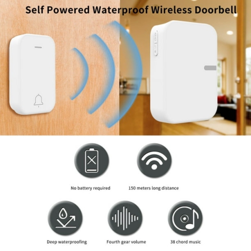 Long distance loud volume Ding Dong waterproof battery-free home wireless 433 self-generating doorbell - white
