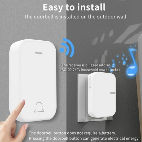 Long distance loud volume Ding Dong waterproof battery-free home wireless 433 self-generating doorbell - white