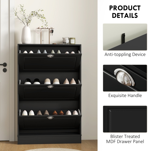 HOMCOM Shoe Cabinet with 3 Flip Drawers, Narrow Shoe Storage Cabinet, Holds 12 Pairs for Entryway, Hallway, Black