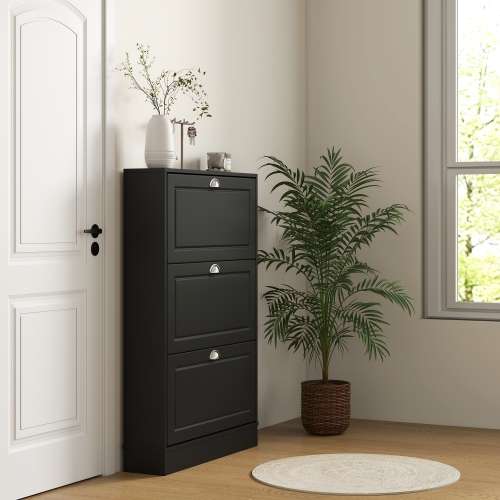 HOMCOM Shoe Cabinet with 3 Flip Drawers, Narrow Shoe Storage Cabinet, Holds 12 Pairs for Entryway, Hallway, Black