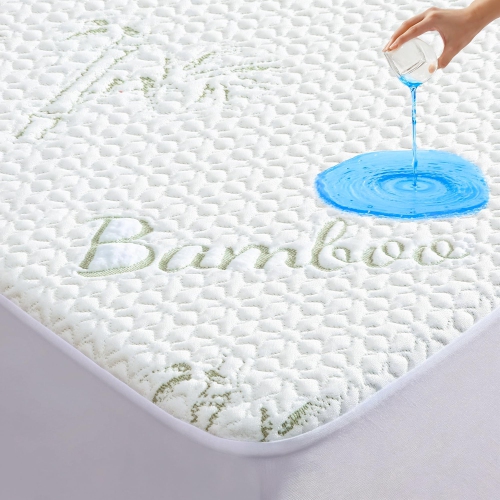 CANADIAN LINEN  Waterproof Mattress Protector, Soft Smooth Tree Design Bamboo Viscose Fabric Cooling Breathable Mattress Pad Noiseless Absorbent