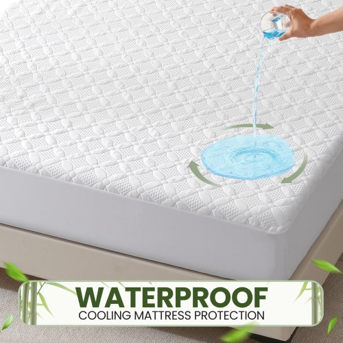 Canadian Linen Waterproof Mattress Protector, Soft Smooth White Floral Design Bamboo Viscose Fabric, Cooling Breathable Mattress Pad Noiseless