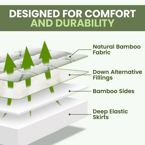 Canadian Linen – Surmatelas en bambou matelassé extra-doux 54 x 80 x 14 po épais, tissu viscose de bambou, pochette rafraîchissante ajustée, lit