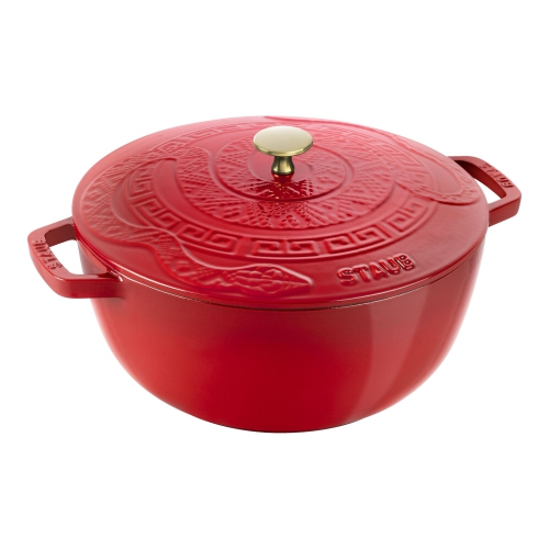 STAUB La Cocotte 4.8 L Cast Iron Round Essential French Oven With Snake Lid, Cherry