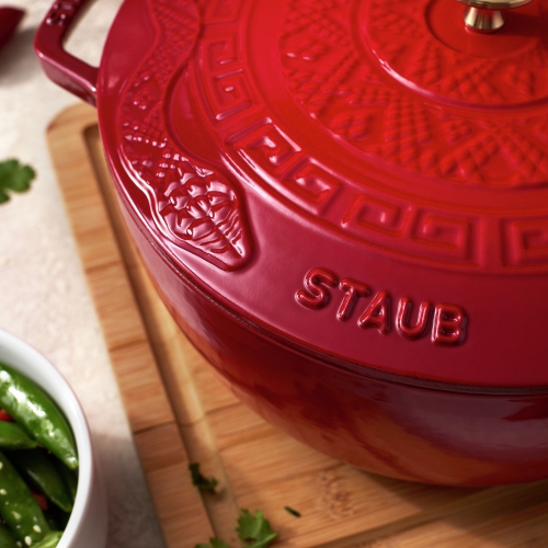 STAUB La Cocotte 4.8 L Cast Iron Round Essential French Oven With Snake Lid, Cherry